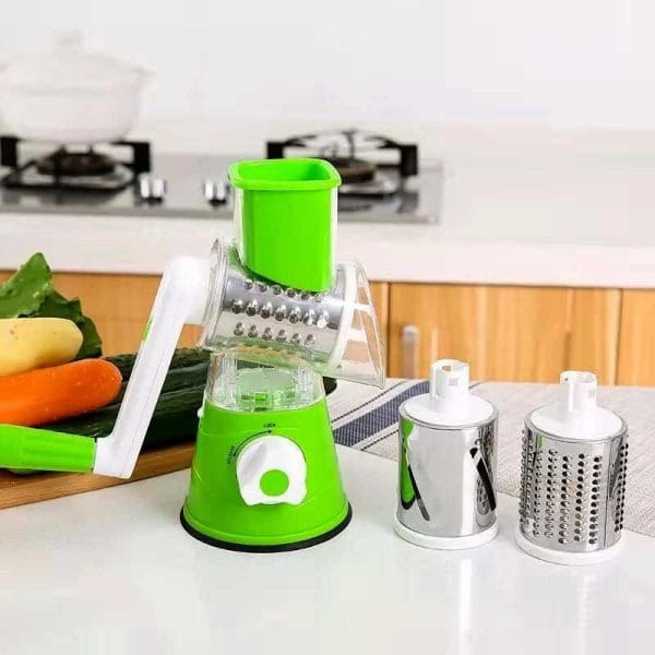 3-in-1 Manual Vegetable Drum Cutter & Slicer | Stainless Steel Rotary Grater, Shredder & Slicer | Multifunctional Kitchen Vegetable Cutter