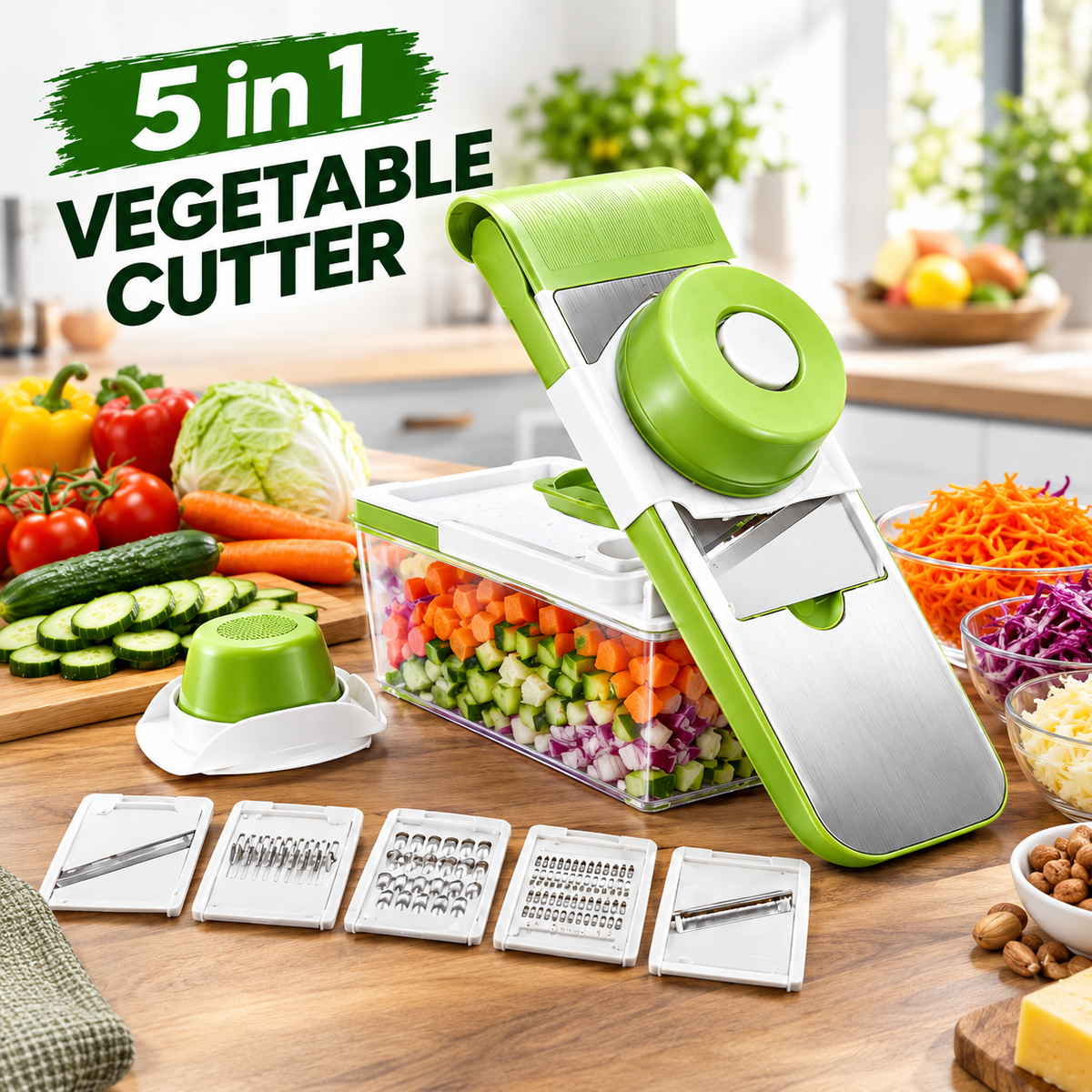 5-in-1 Vegetable Cutter & Slicer with 5 Interchangeable Stainless Steel Blades | Multifunctional Vegetable Chopper, Grater, Shredder & Peeler
