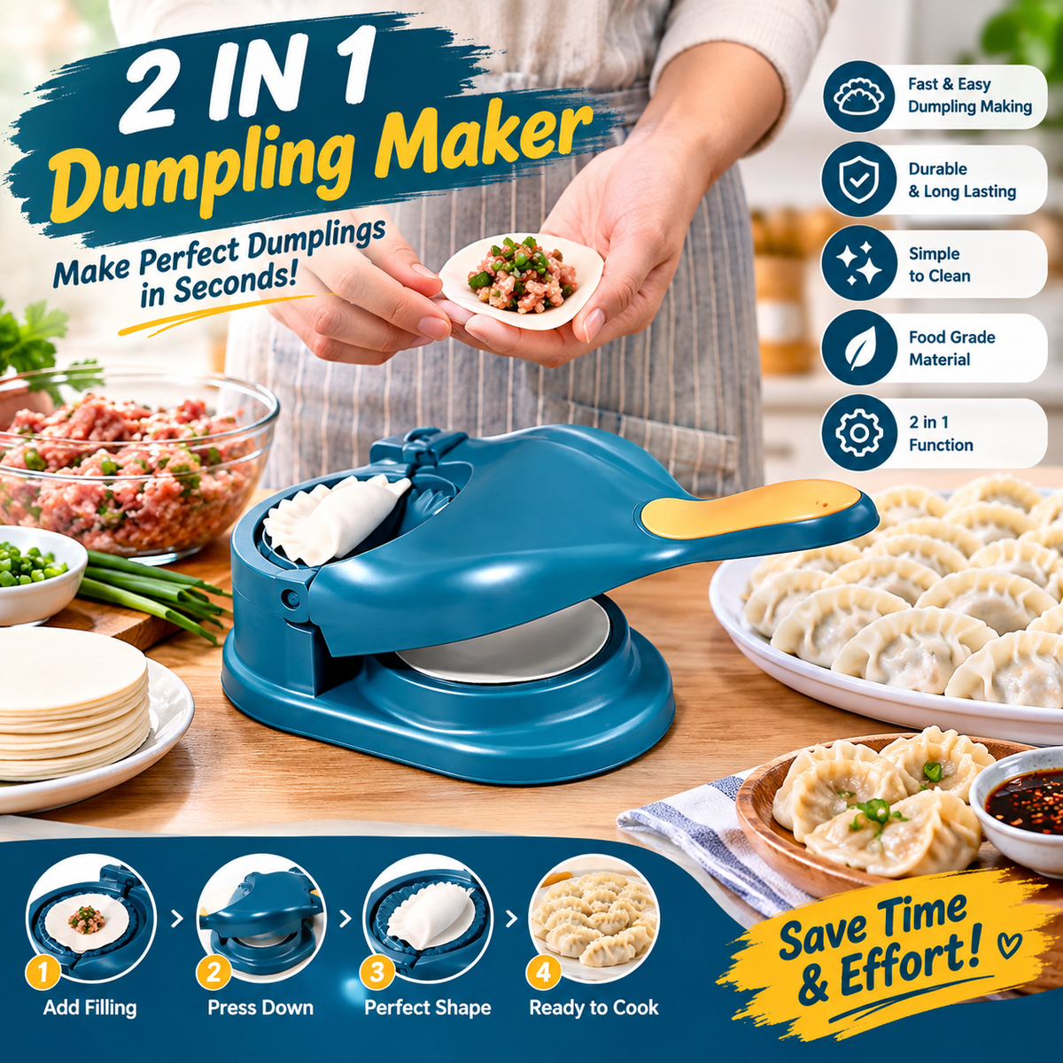 2-in-1 Dumpling & Samosa Maker | Manual Samosa Mould & Dumpling Press | Easy Dough Wrapper Maker & Kitchen Tool