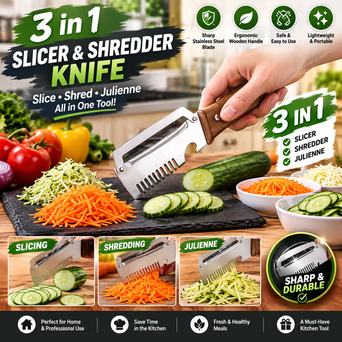 3-in-1 Vegetable Peeler Knife | Multi-Function Slicer & Shredder | Stainless Steel Vegetable Cutter, Julienne Peeler & Kitchen Cutting Tool