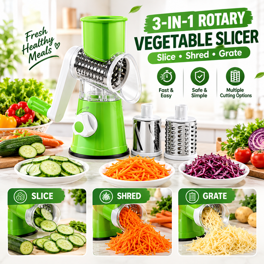3-in-1 Manual Vegetable Drum Cutter & Slicer | Stainless Steel Rotary Grater, Shredder & Slicer | Multifunctional Kitchen Vegetable Cutter