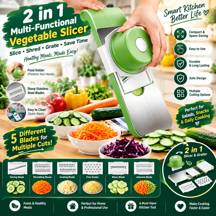 5-in-1 Vegetable Cutter & Slicer with 5 Interchangeable Stainless Steel Blades | Multifunctional Vegetable Chopper, Grater, Shredder & Peeler