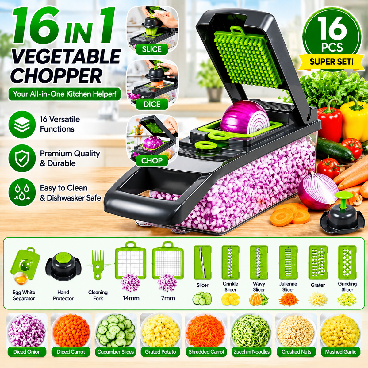 16-in-1 Multi-Functional Vegetable Chopper, Dicer & Slicer with Storage Container
