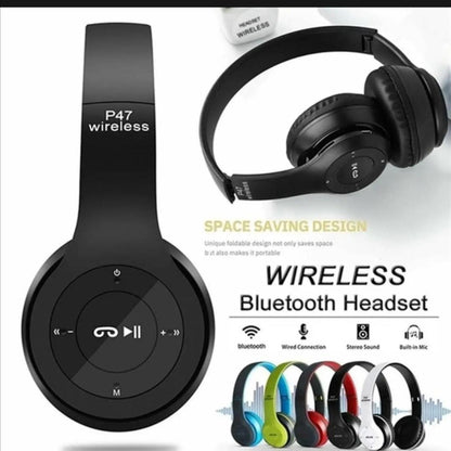 P47 Bluetooth Wireless Headphones | SD Card Music Mode | Long Battery Backup | Fast Charging Over-Ear Headset | Deep Bass Stereo Sound