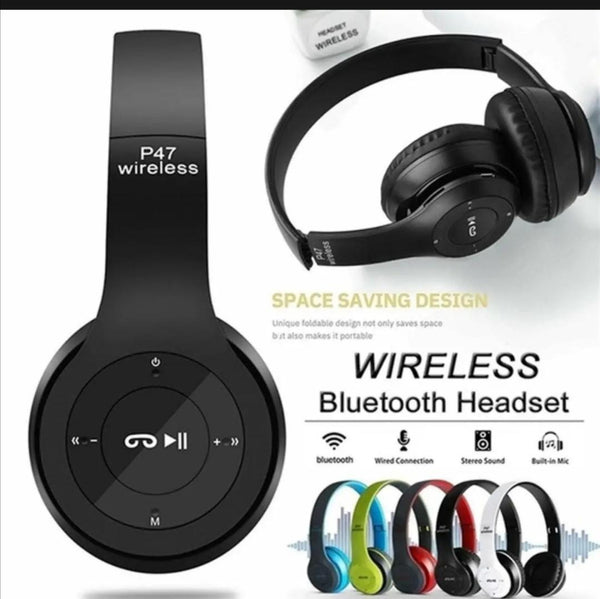 P47 Bluetooth Wireless Headphones | SD Card Music Mode | Long Battery Backup | Fast Charging Over-Ear Headset | Deep Bass Stereo Sound