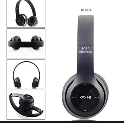 P47 Bluetooth Wireless Headphones | SD Card Music Mode | Long Battery Backup | Fast Charging Over-Ear Headset | Deep Bass Stereo Sound