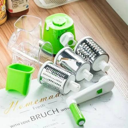 3-in-1 Manual Vegetable Drum Cutter & Slicer | Stainless Steel Rotary Grater, Shredder & Slicer | Multifunctional Kitchen Vegetable Cutter