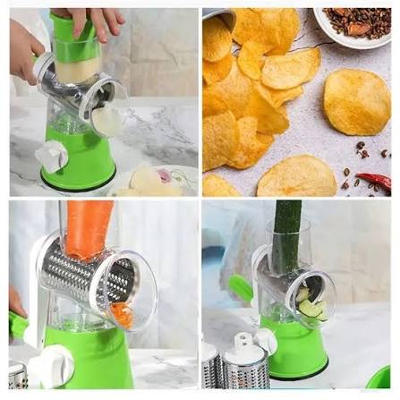 3-in-1 Manual Vegetable Drum Cutter & Slicer | Stainless Steel Rotary Grater, Shredder & Slicer | Multifunctional Kitchen Vegetable Cutter